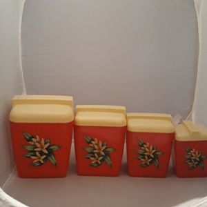 Vintage Red Floral Plastic Four Piece Canister Set